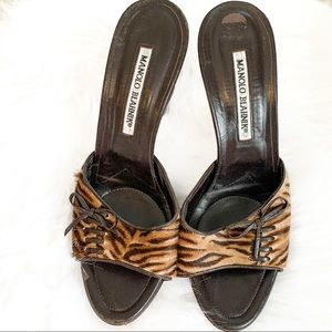 Manolo Blahnik leopard open toe high heeled shoes
